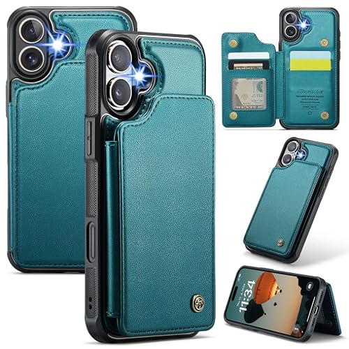 XIMAND for iPhone 16 Case with RFID Blocking and 4 Credit Card Holder, Premium Durable Slim Leather Magnetic Clasp Kickstand Heavy Duty Shockproof Protective Cover.- Green