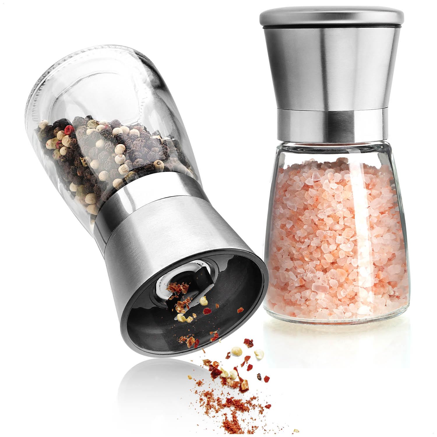 wenco Set di macinasale e pepe di alta qualità, 2 pezzi, per macinare spezie secche, macina in ceramica, acciaio inox, argento/trasparente