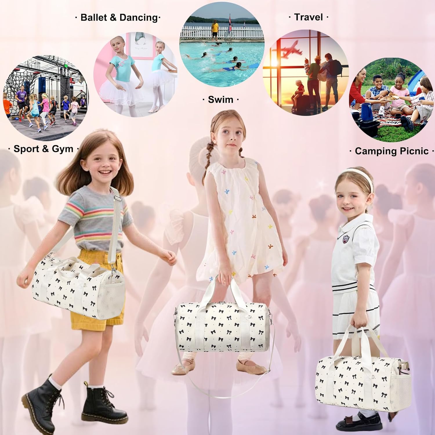 Dance Bag for Girls, Small Gym Sport Yoga Cheer Dance Bags Gift for Toddler Teen Girls,Kids Ballet Bag Toddler Travel Duffel Tote with Adjustable Straps Black Bow
