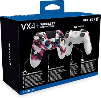 Gioteck VX4+ Wireless Controller for PlayStation 4 (PS4) - Pink Camo - Customisable RGB Lighting and Programmable Back Buttons - Bluetooth Compatible