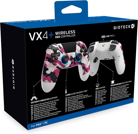 Gioteck VX4+ Wireless Controller for PlayStation 4 (PS4) - Pink Camo - Customisable RGB Lighting and Programmable Back Buttons - Bluetooth Compatible
