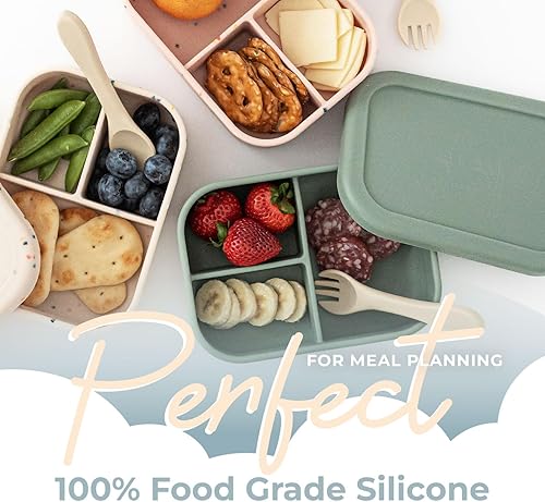 Miniatura 3 de Nyte Nyte Baby Green Kids Bento Box - Lonchera 100% silicona de grado alimenticio para adultos y niños pequeños, con 3 compartimentos, apta para