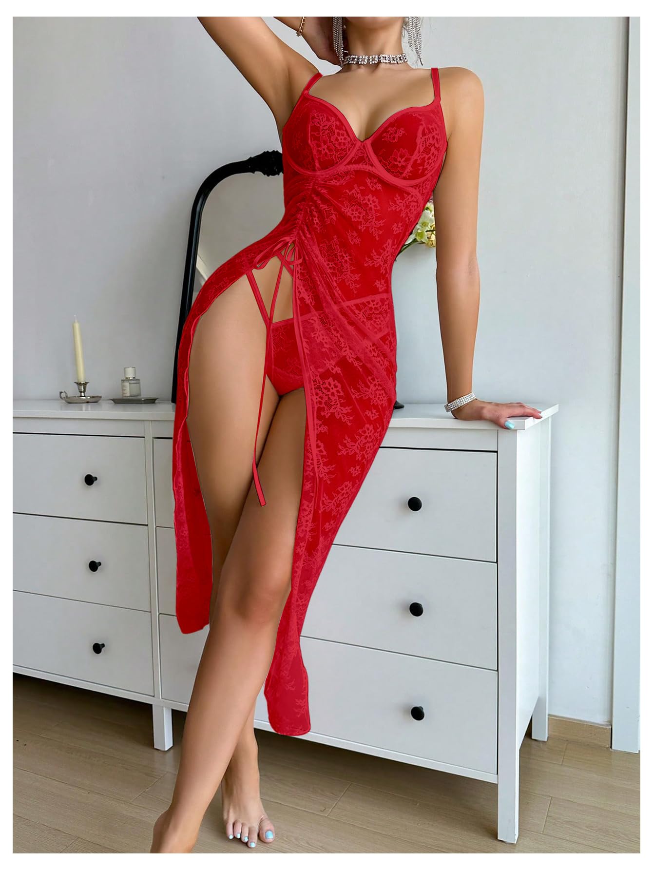 SHENHE Women's Lace Sheer Underwire High Slit Babydoll Dress and Panty Set 2 Piece Lingerie Set