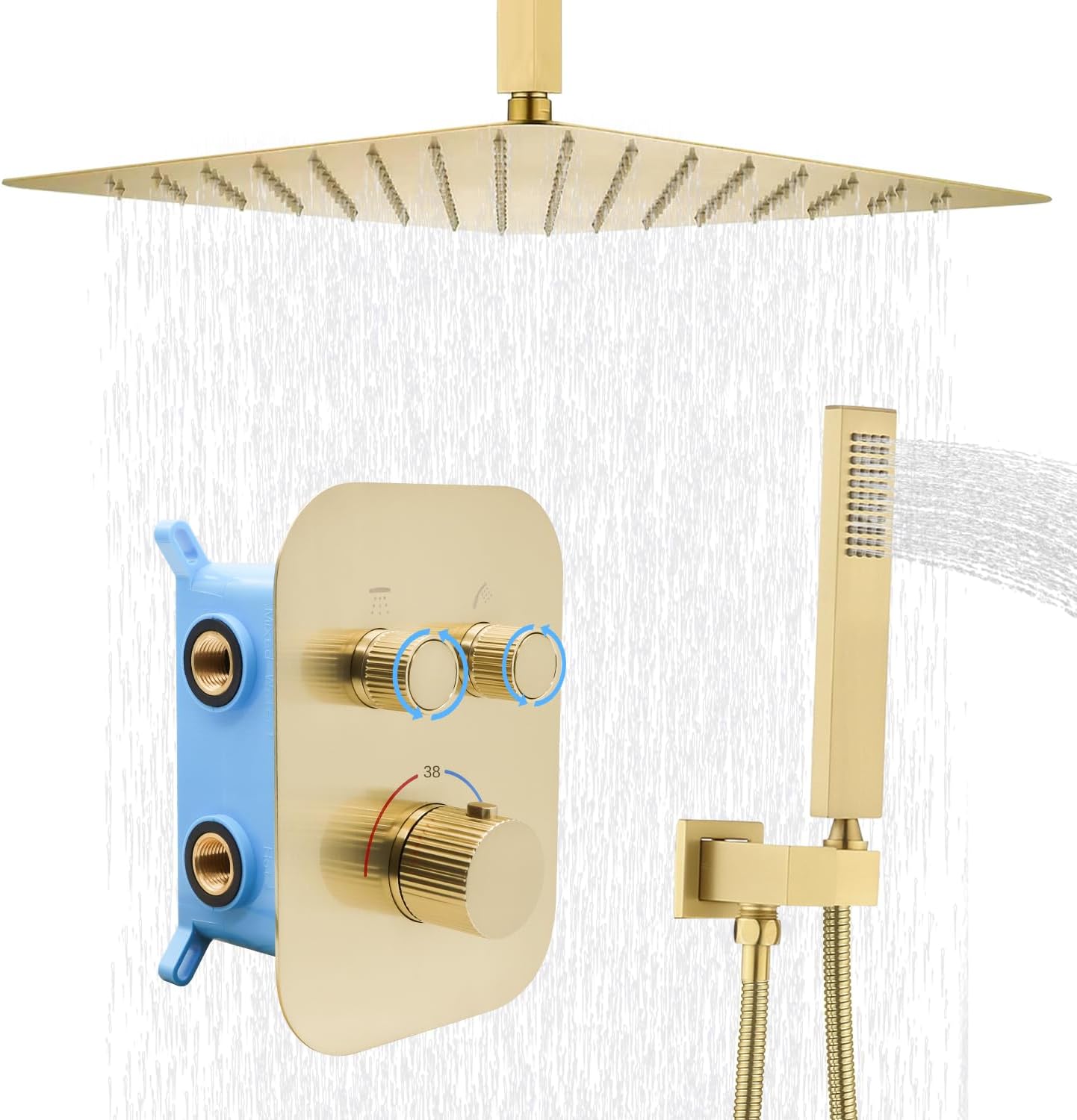 Upgraded Thermostatic Shower Mixer Set, 16 Inch Ceiling Mounted Rain Shower System Combo, Can Use 2 Functions at A Time, Brushed Gold