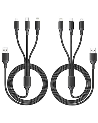 كابل شحن متعدد 4 أقدام،عبوة من قطعتين،شاحن 3 في 1، كابل USB من Mirco لأجهزة متعددة،مكيف USB مع IP/Type-C/Micro USB،كابل USB لجهاز iPhone لهاتف Android، Kindle، وحدة تحكم PS4، iPhone 17-5، شاحن سيارة