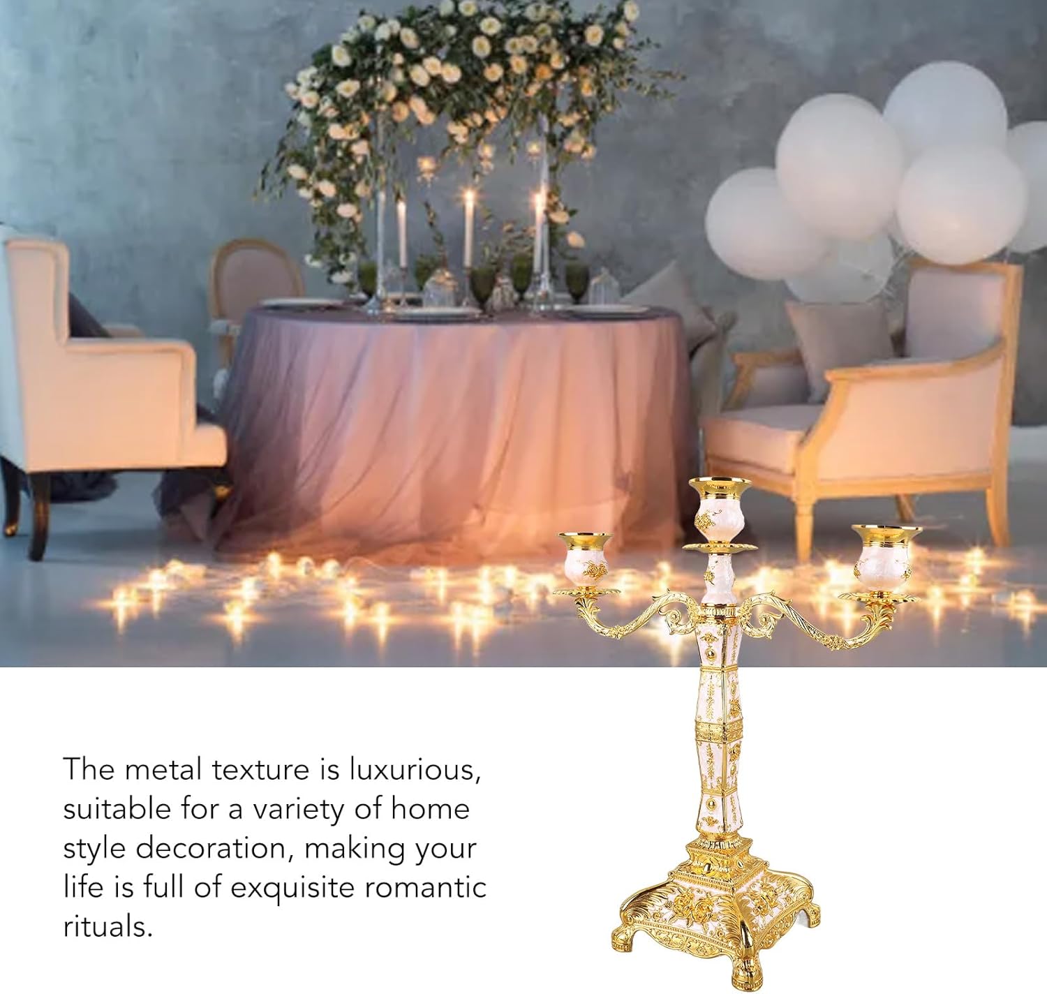 Alloy Candelabra Decoration, European Style Retro Candlestick, Metal Arms Candel Holder for Wedding Dinner Party (Gold and White Three Heads)