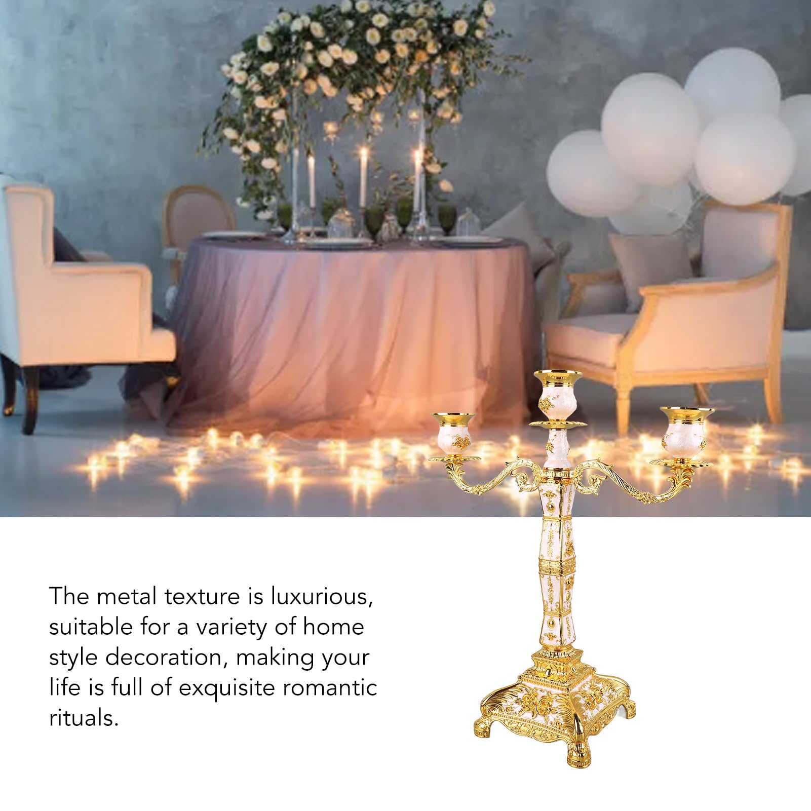 Metallkandelaber im europäischen Stil, Kerzenhalter mit Metallarmen, romantischer, eleganter Kerzenhalter für Hochzeit, Esstisch, Party, Heimdekoration (DREI Köpfe in Gold und Weiß)