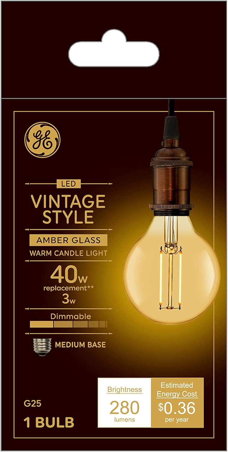 GE Vintage Style LED Light Bulb, 40 Watt, Amber Finish, G25 Globe Bulb (1 Pack)