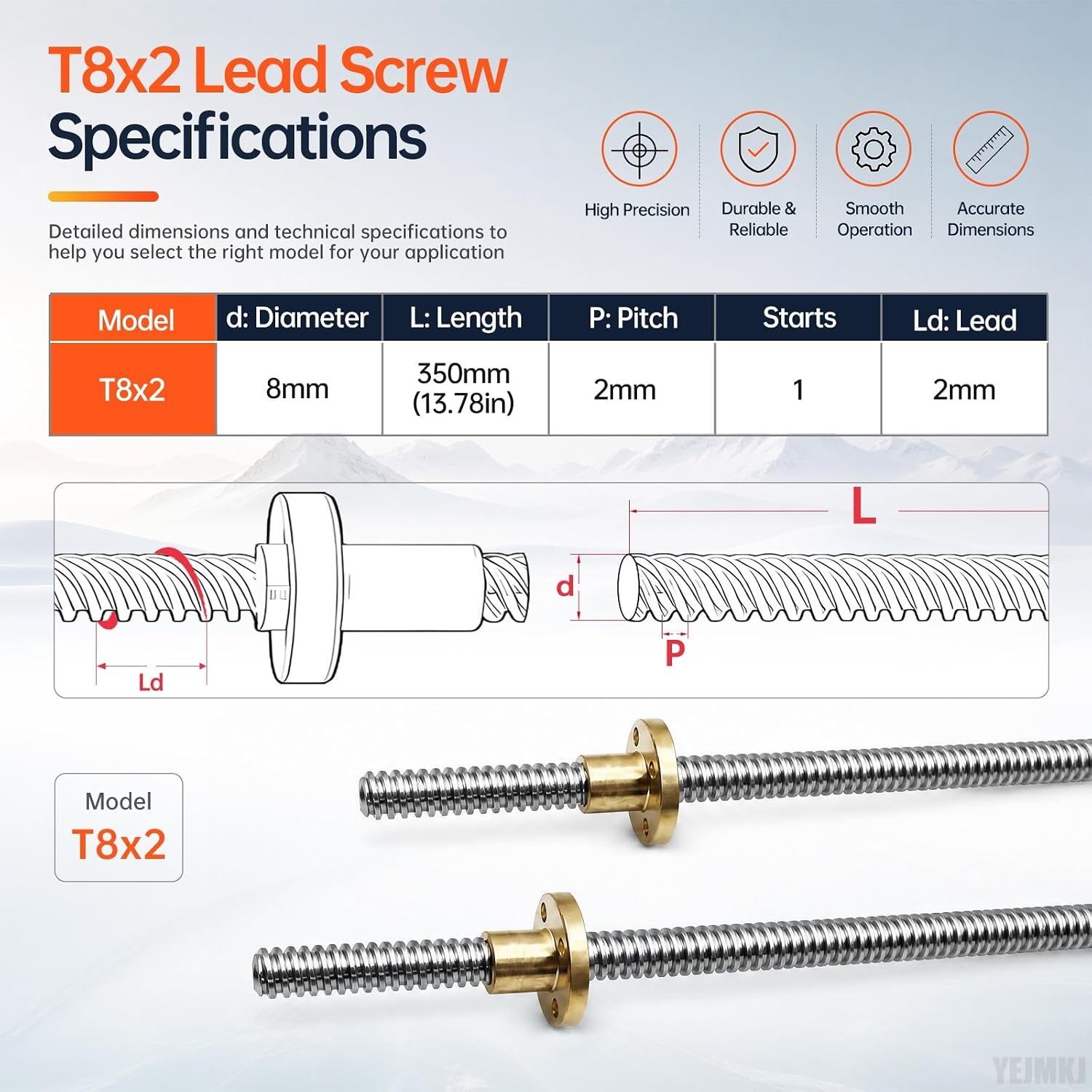 2PCS 350mm Tr8x2 Lead Screw T8 Brass Nut 2mm Pitch 1 Start 2mm Lead