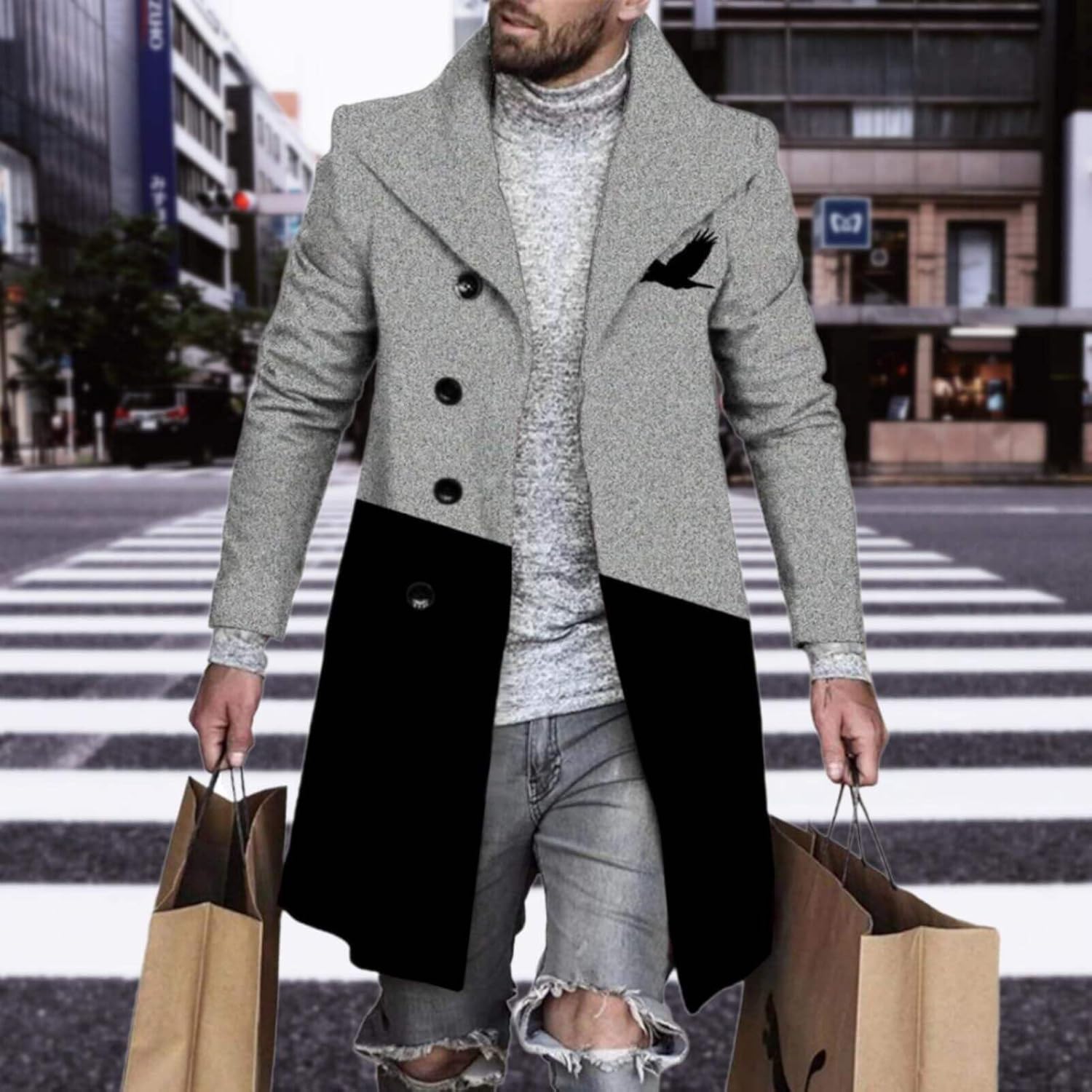 Men's Plaid Long Trench Coat Mid - Length Lapel Collar Button Down Warm Overcoat for Winter & Autumn Fashion - Image 3