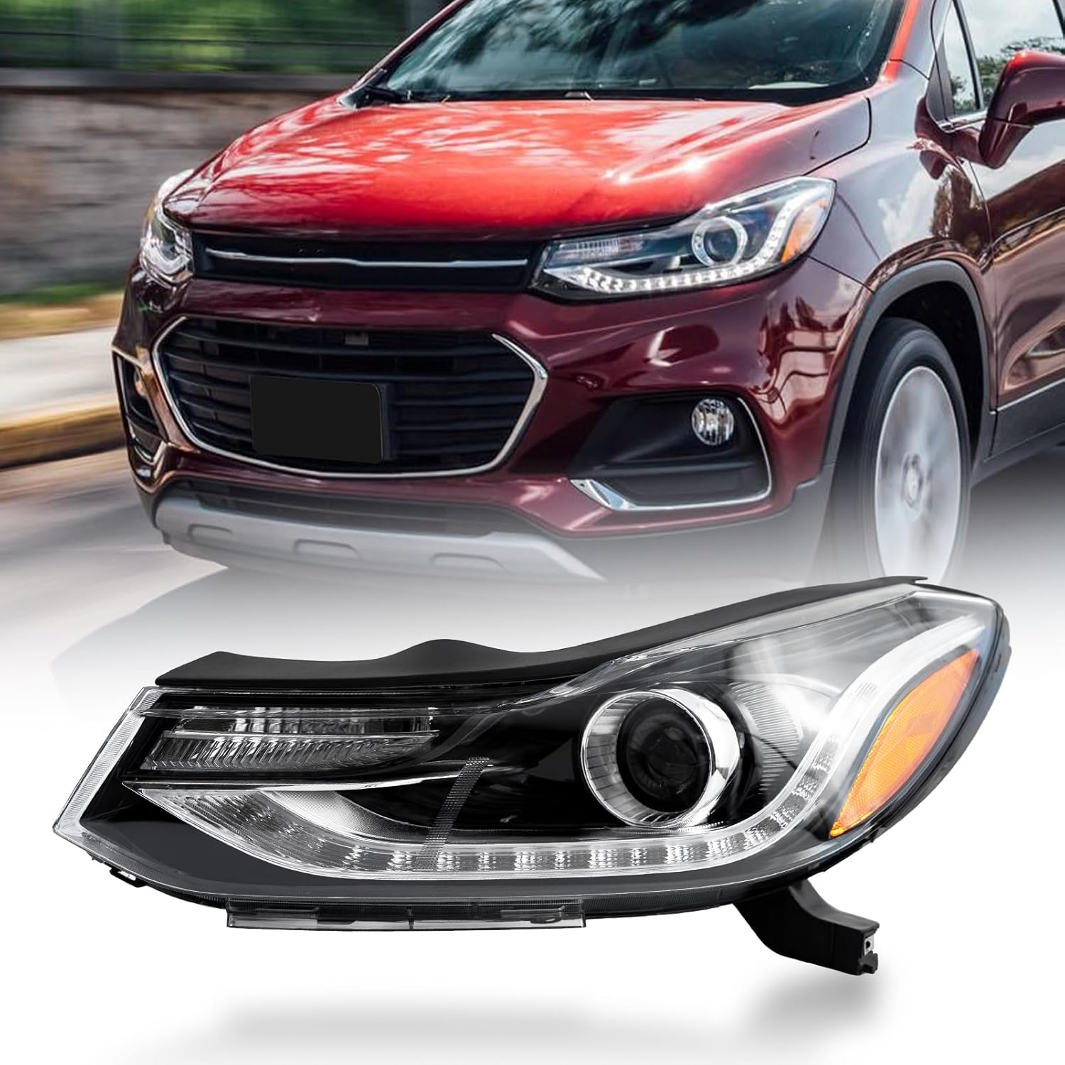 Headlight Assembly Compatible with 2017 2018 2019 2020 2021 2022 Chevy Trax Halogen with LED DRL Model Replacement Headlamp Front Lights L42725480 R42725481 (Passenger Right Side)