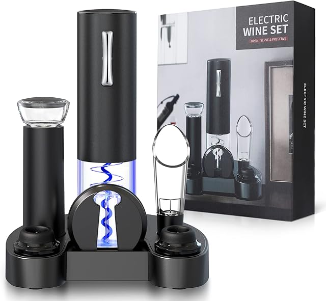 Anpro Electric Bottle Opener Set, Electric Bottle Opener with Charging Base, Aluminum Foil Knife, Vacuum Pump, Vacuum Wine Stopper and Wine Pourer, Excellent Gift for Wine Lovers