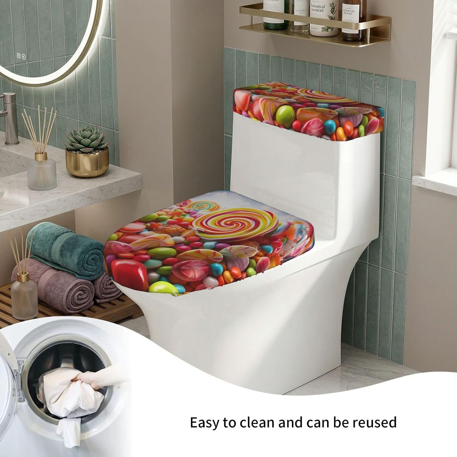 Rainbow Candy Toilet Tank Cover And Toilet Lid Cover Set Stretch Bathroom Toilet Lid Seat Cover