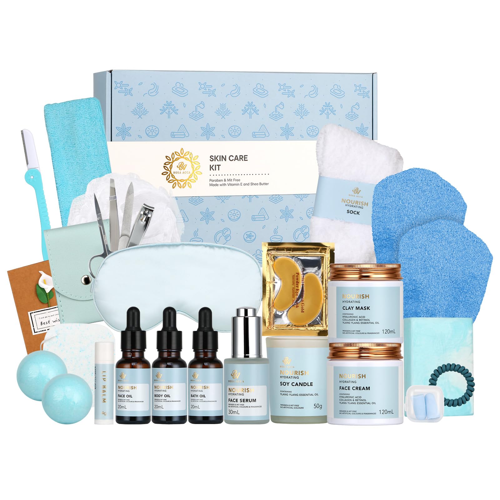 Spa Gift Set, 28pcs Ylang Facial Skin Care Set includes Face Cream, Bath Oil, Serum, Shower Accessories, Clay Mask. Bath & Body Set, Body & Facial Kit for Women & Men, Birthday, Christmas, Dad, Mom
