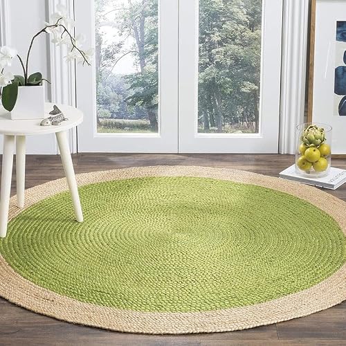 Aizza Trends Alfombra de yute puro trenzada hecha a mano con interior de color verde, alfombra redonda para sala de estar, alfombra redonda de yute para el suelo, alfombra de mesa central de yute (90