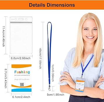 Fushing 50pcs Clear Plastic Vertical Name Tags Badge ID Card Holders and 50pcs Blue Neck Lanyards with Swivel Hook for School, Festival, Event (S)