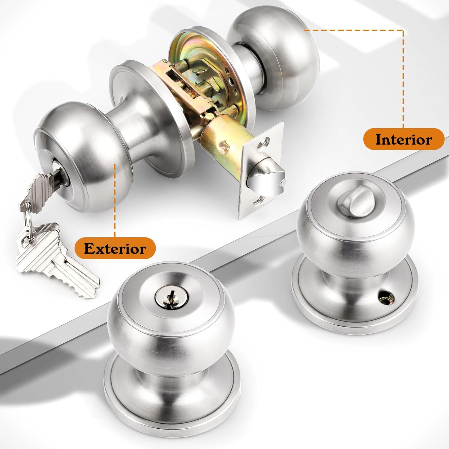 Probrico Keyed Alike Door Knobs with Lock and Key, Exterior Door Locks, Flat Ball Knob Style, Brushed Nickel, 5 Pack
