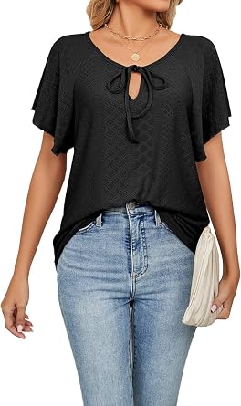 YOCUR Womens Hollow Out Tops Summer V Neck Loose Shirts Drawstring Ruffle Short Sleeve Cute Blouse