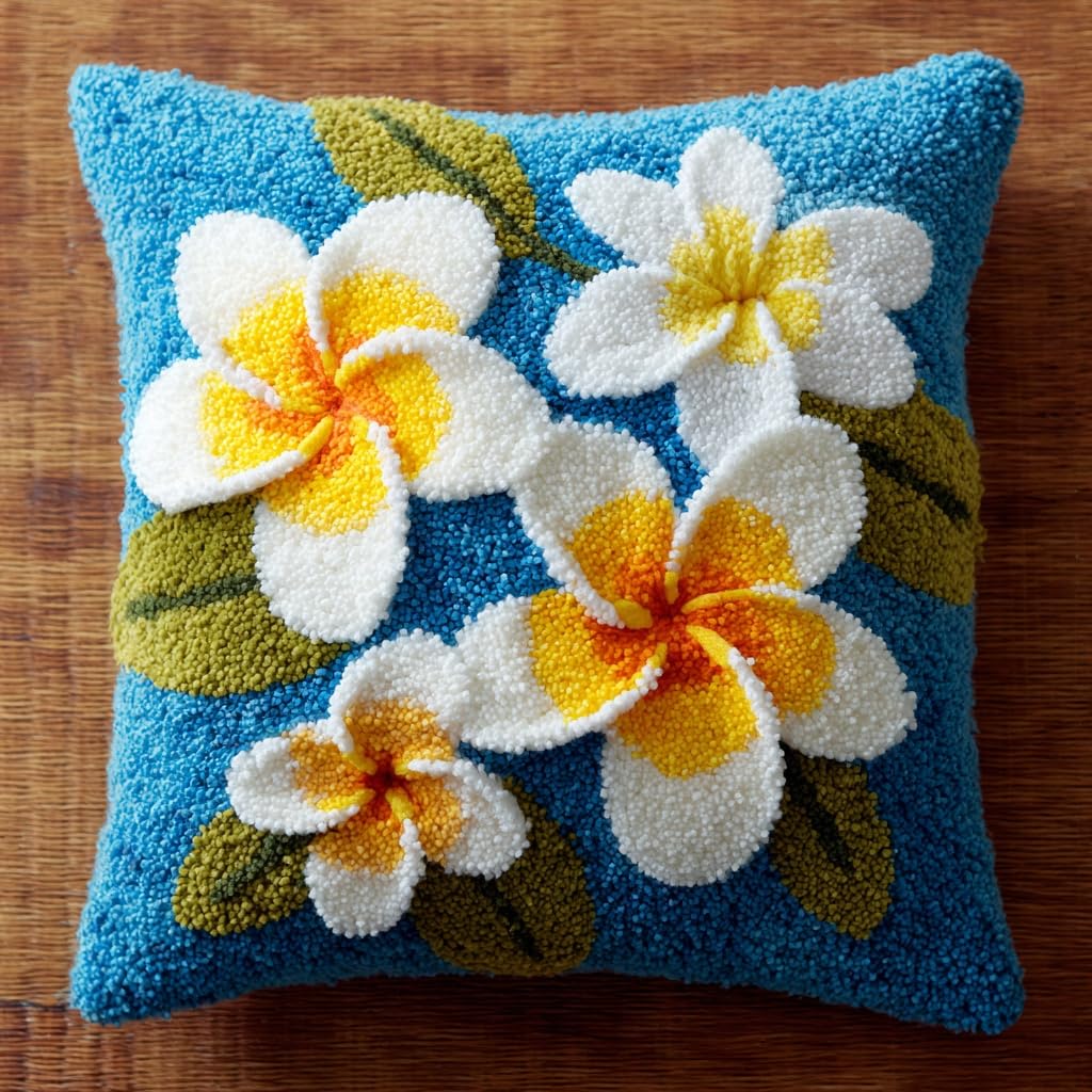 Henypt Latch Hook Kits-D Latch Hook Kits, Frangipani Embroidery Art Kits, Latch Hook Pillow Kit, 17X17inch Diy Handmade Pillowcase Pre-Printed Pattern Needlework Crochet Craft Kit