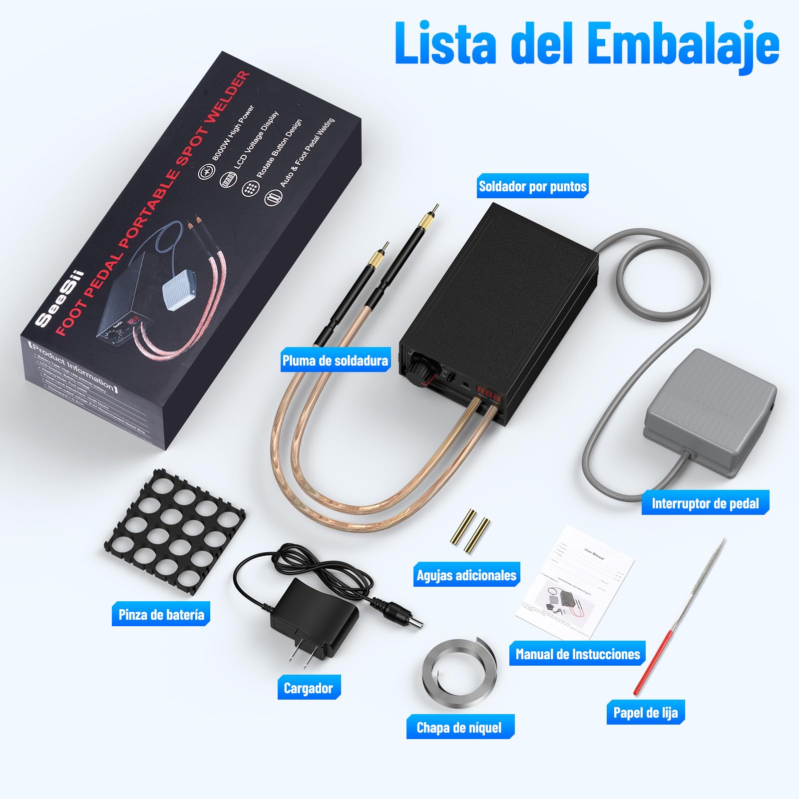 SEESII Soldador por Puntos de Doble Impulso para Baterías: Soldador Inalámbrico 9600mAh con Indicación de Voltaje en Tiempo Real, Niveles Ajustables, para Reparación y Montaje de Paquetes de Baterías