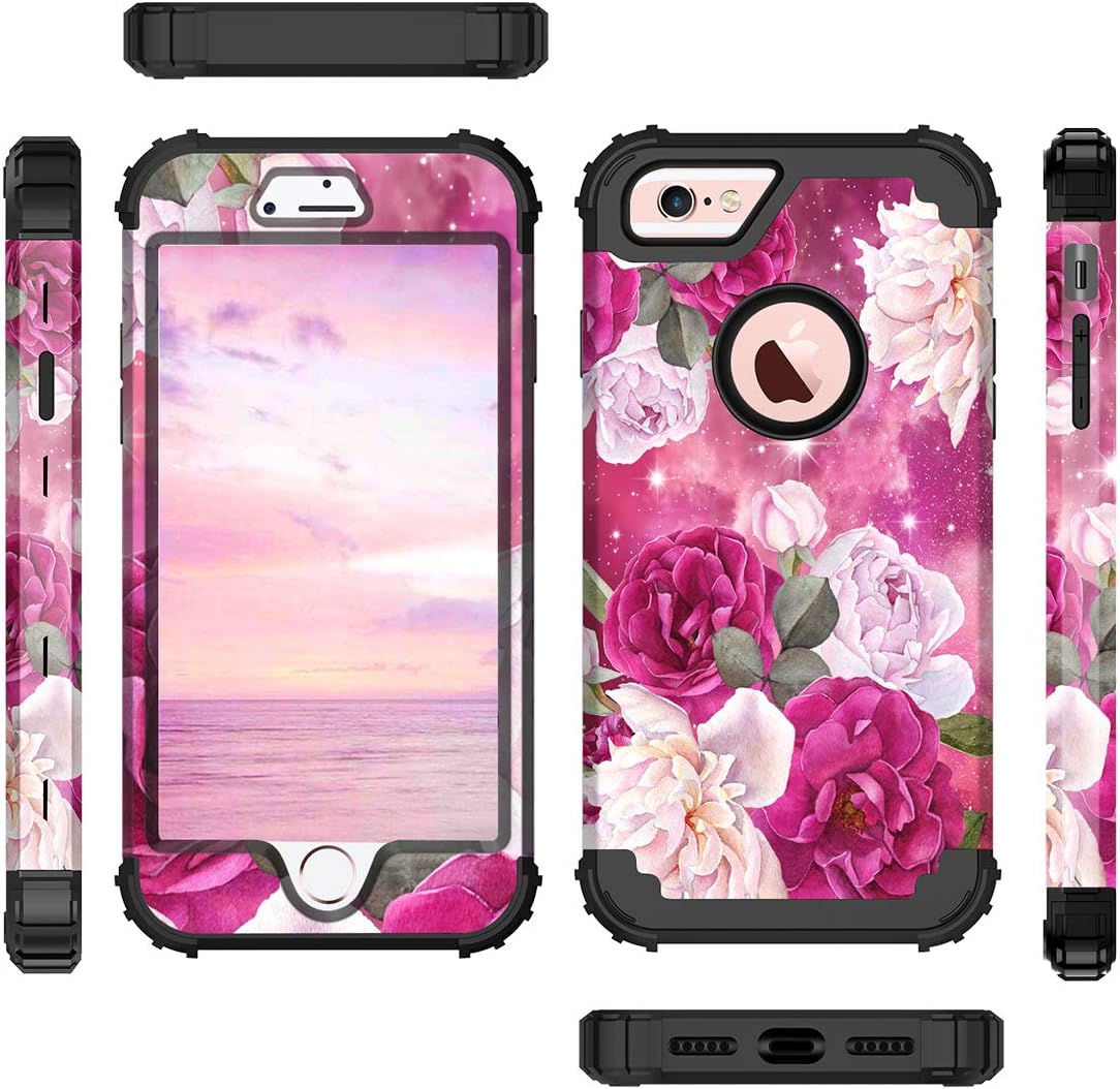 Casetego Compatible with iPhone 6S Case,iPhone 6 Case,Floral Three Layer Heavy Duty Hybrid Sturdy Shockproof Protective Cover Case for Apple iPhone 6S/6,Rose Red/Black