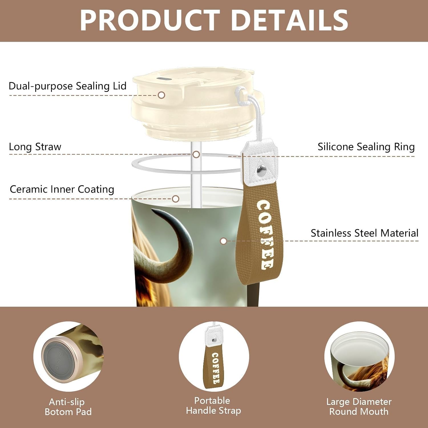 Insulated Coffee Mug Bull Run Dust with Straw & Flip Lid, 16.9oz Iced Tumbler Cup, Double Wall Vacuum Mug for Travel Office Camping