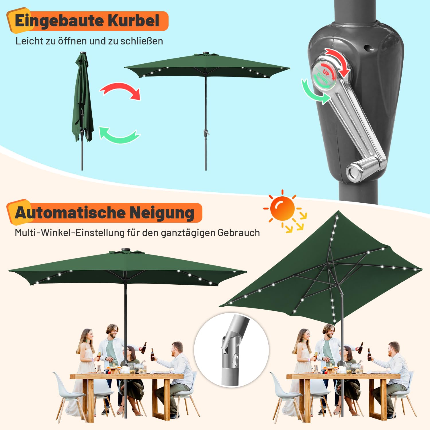 Sonnenschirm 140x210CM / 200x300CM Sonnenschirm Rechteckig Gartenschirm Terrassenschirm Sonnenschutz Schirm Kippbar Großschirm für Balkon,Terrasse,Garten,Ohne Ständer