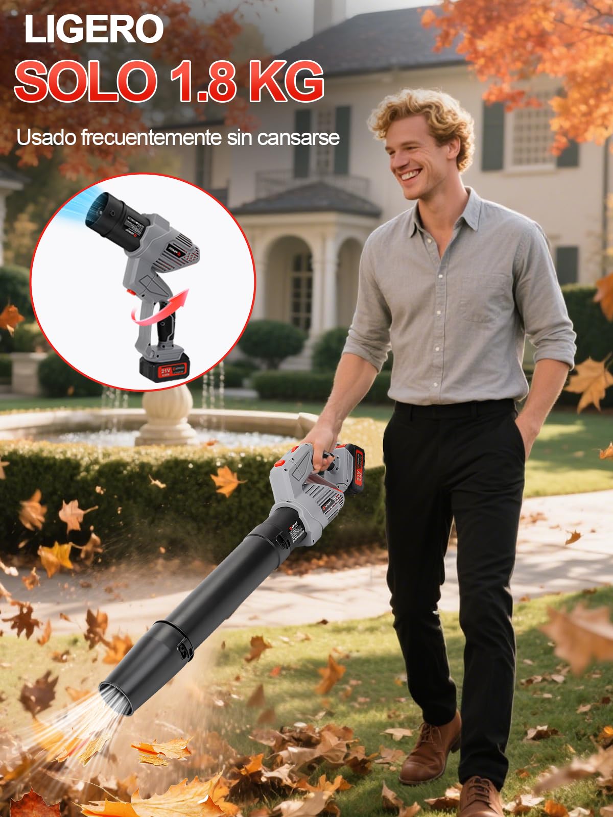 Soplador de Hojas inalámbrico con Modo Turbo,1189m³/h,21V,5 Marchas con 2 baterías de 4.0Ah y Cargador, Aspiradora Ligera con rotación de 180°para césped, Patio, Garaje, soplador de Hojas y Polvo