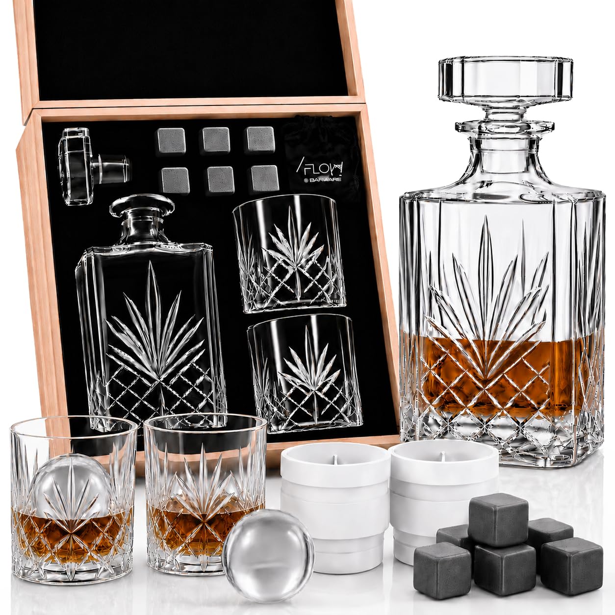 Flow Barware Coffret cadeau carafe à whisky et verres | Carafe à whisky 750 ml, lot de 2 verres à whisky | Pierres à whisky et boîte en bois | Coffret cadeau whisky pour homme