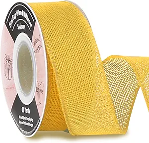 Burlap Wired Ribbon 1-1/2 Inch x 10 Yards Solid Wired Edge Ribbon for Big Bows, Wreaths, Outdoor Decoration, Gift Wrapping, Fall Crafts, Flower Bouquets, Garland (Yellow)