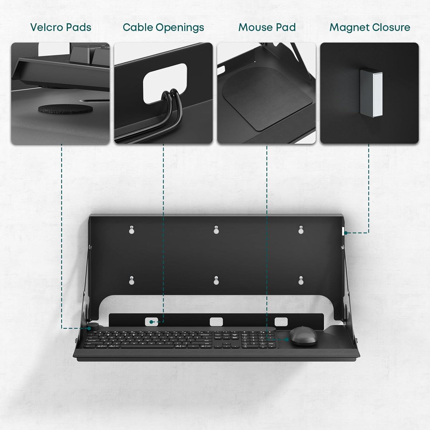 Flip Down Wall-Mount Keyboard Tray - 24 Inch Keyboard Holder, Typing Platform Tray, Mouse Pad and Wrist Pad Included, Holds Up to 22 lbs, Black