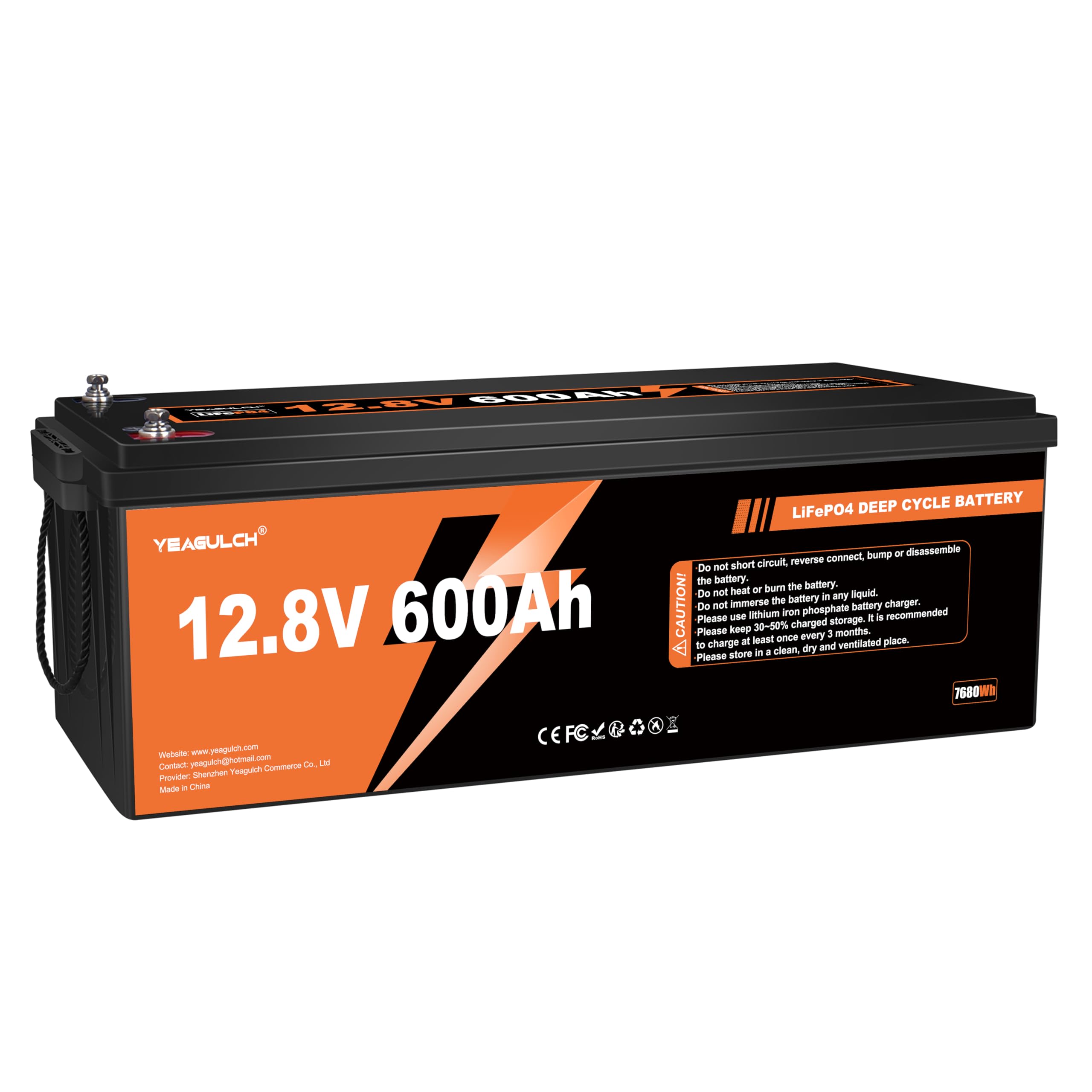 Yeagulch 12V 600Ah Batería de Litio LiFePO4 con BMS 200A, 7680Wh, 15000 ciclos, protección de Baja Temperatura, para comunidades solares, UPS y Grandes instalaciones Off-Grid