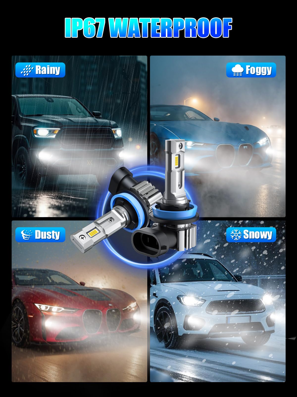 RCJ H11 Bulbs, H8 H9 Fog Light Bulbs 16000LM Super Bright 6000K Cool White, Real 1:1 Design, Plug and Play, Canbus Ready, Pack of 2