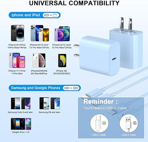 Vista 65 de Cargador rápido para iPhone 11, 12, 13, 14, [certificado MFi], paquete de 2 cargadores de iPhone de 20 W, bloque rápido con cable USB-C a Lightning