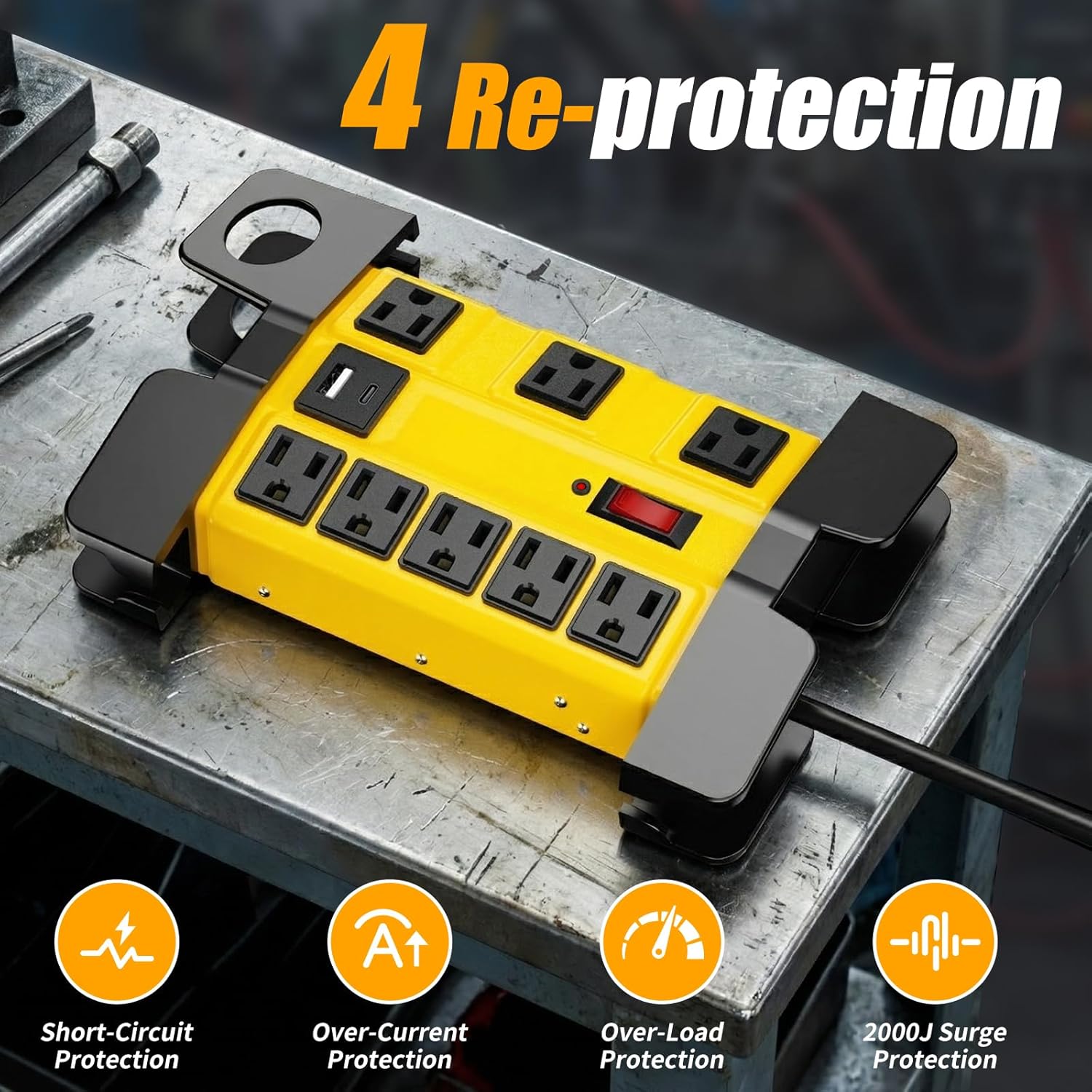 Heavy Duty Power Strip with Surge Protector, 8 Outlets 2 USB Ports, 15A Metal Wide Spaced Power Strip 1875W/2000J, 15FT Extension Cord with Flat Plug for Workshop Garage Shop (Yellow 15FT)