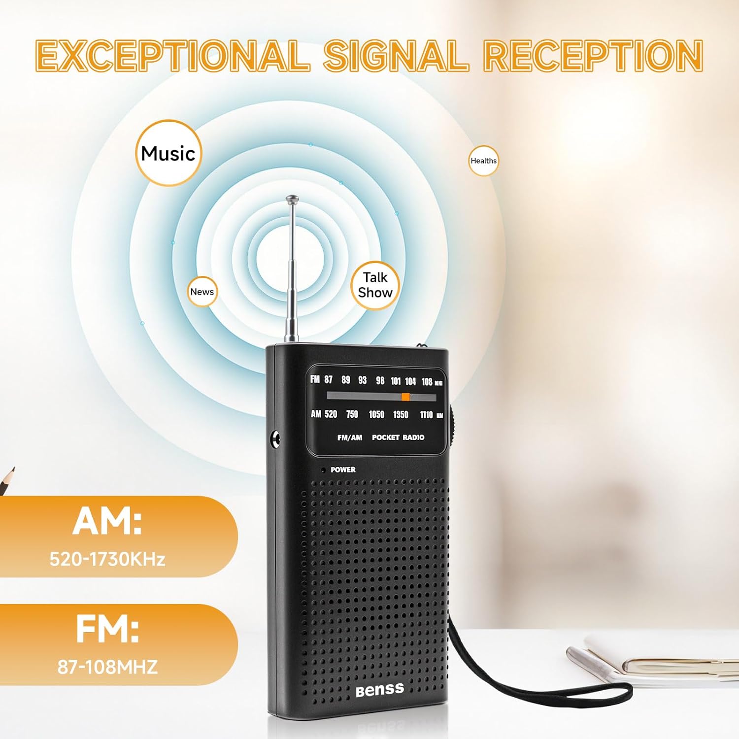 Benss radio displaying AM and FM frequency ranges, with sound waves indicating signal reception.