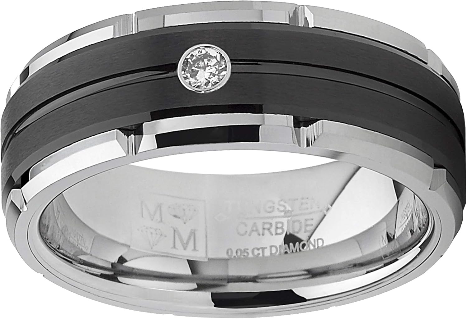Tungsten Carbide 1/20 Cttw Diamond Two Tone Black Grooved Men's Wedding Band Ring (Clear, VVS1-VVS2) 8MM