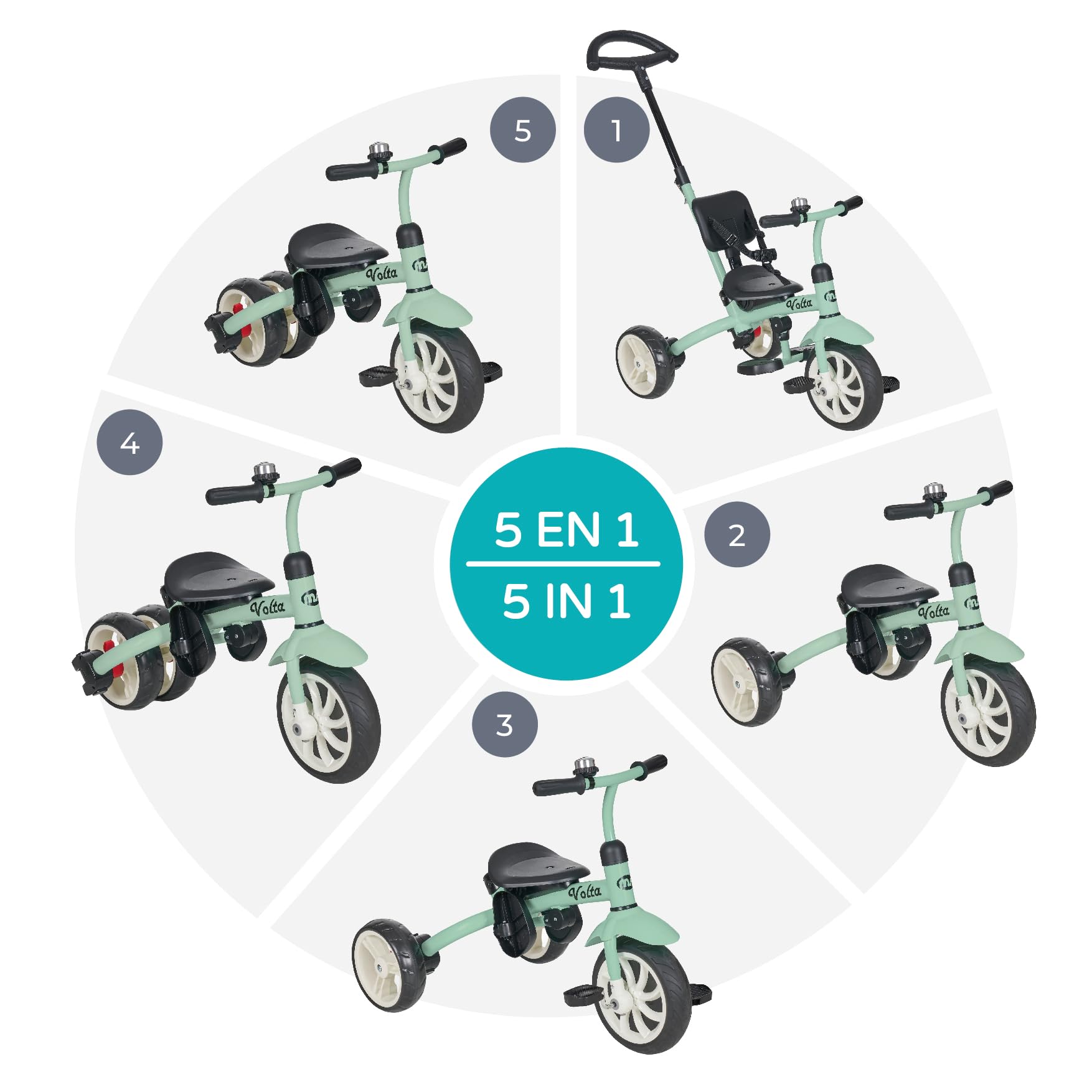 MS - Triciclo evolutivo per bambini 5 in 1 Volta - Bicicletta per bambini da 1 anno a 5 anni - Da Triciclo a Bicicletta con o senza pedali - Adattabile e trasformabile