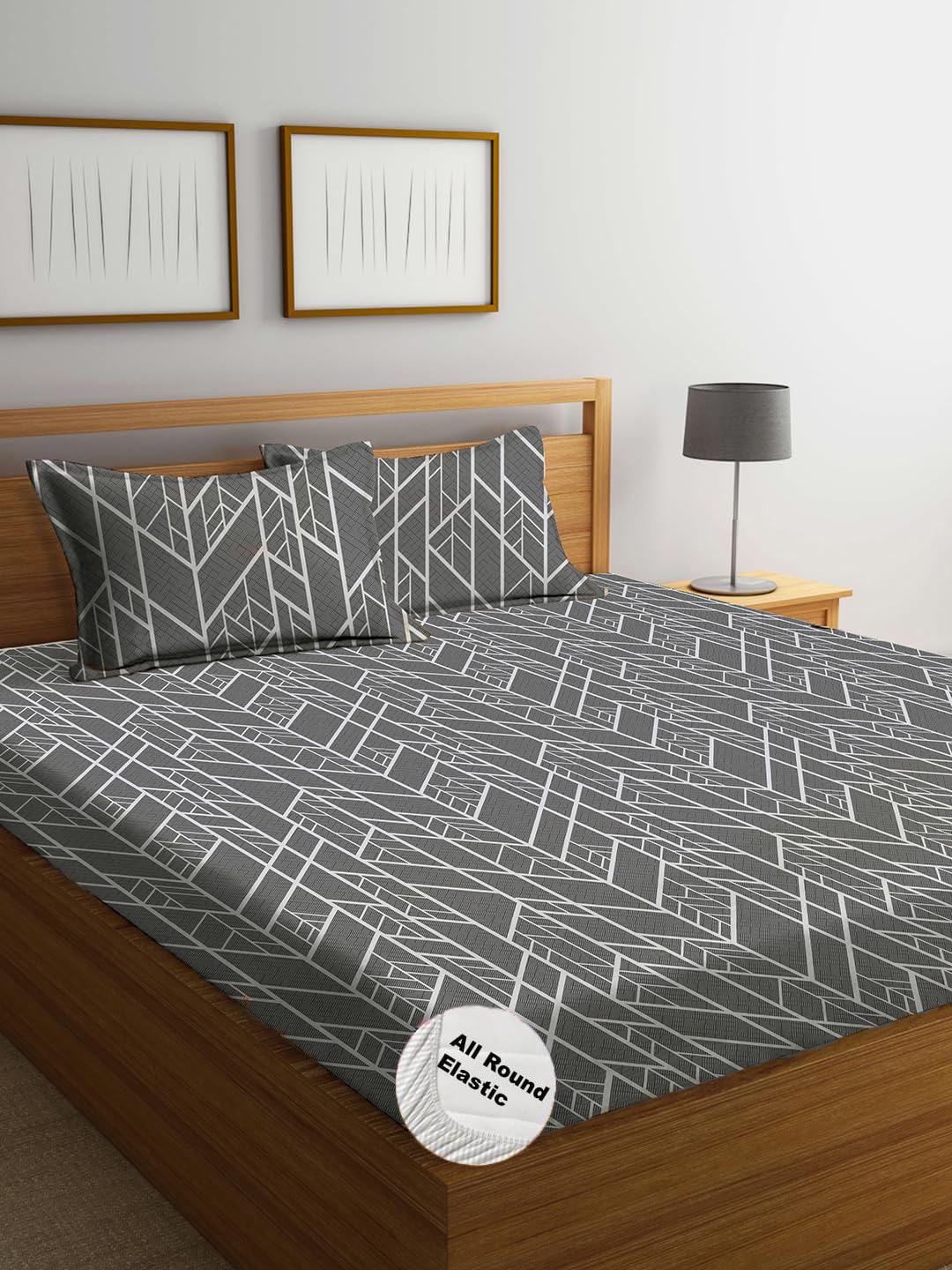 DECOMIZER 300 TC Cotton Feel All Around Elastic Fitted Glace Printed Queen Size Double Bed Bedsheet with 2 Large Pillow Covers Fits Upto Mattress of 8 Inches,Size - 60 x 78 x 10 Inches, Black Lines