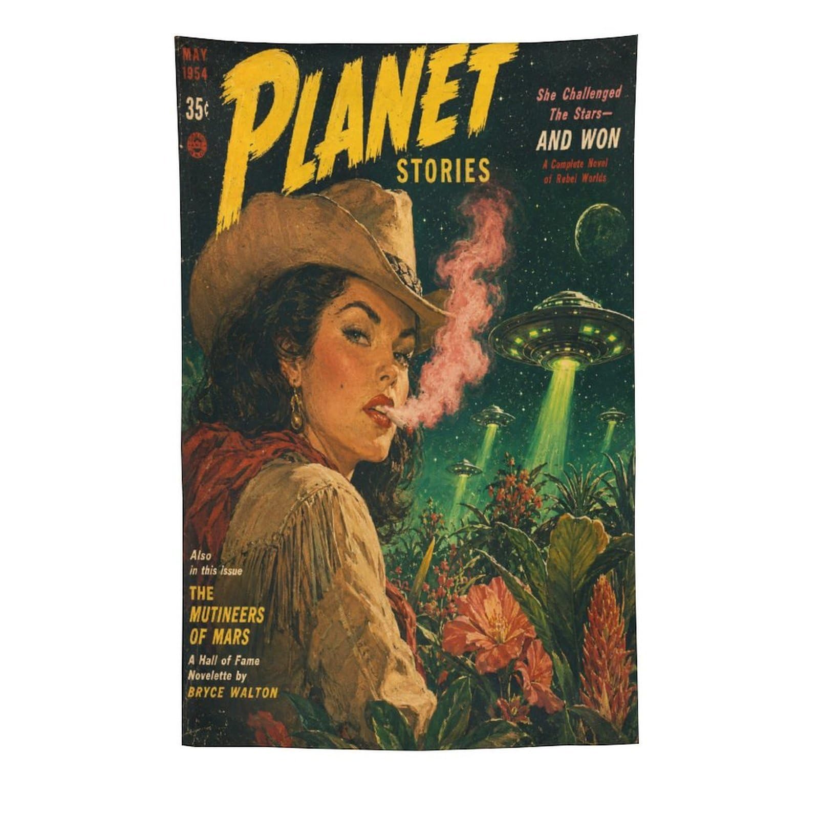 H3B8U2Y5 Cowgirl Planet Stories Wall Tapestry, Vintage Poster Style