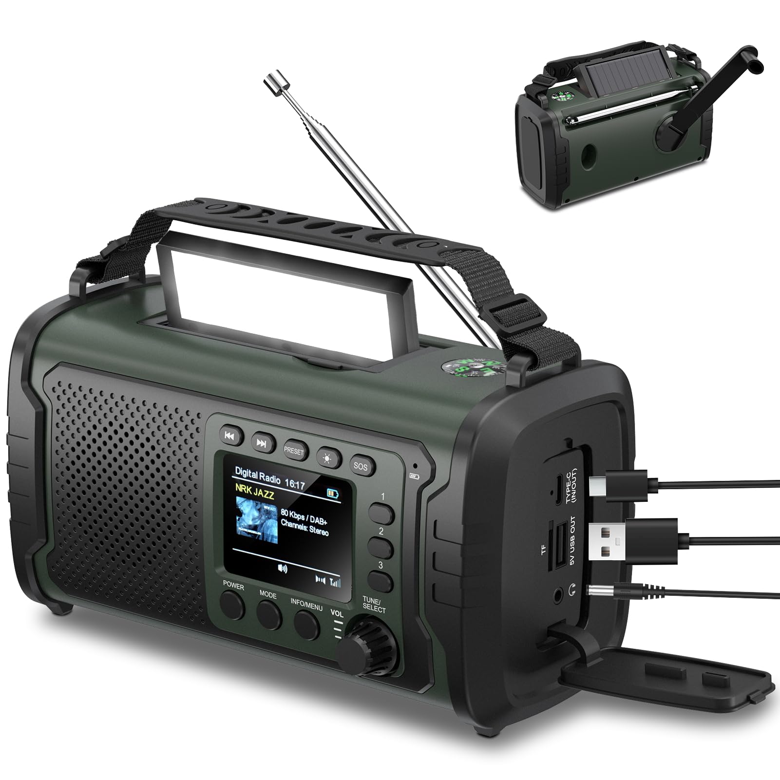 Radio de Emergencia Dab/Dab+ 27000 mAh con Manivela, Solar y Bluetooth 5.3 | Power bank, carga USB, SOS, linterna, luz lectura y brújula, para apagones, camping, autocaravana, Verde Militar