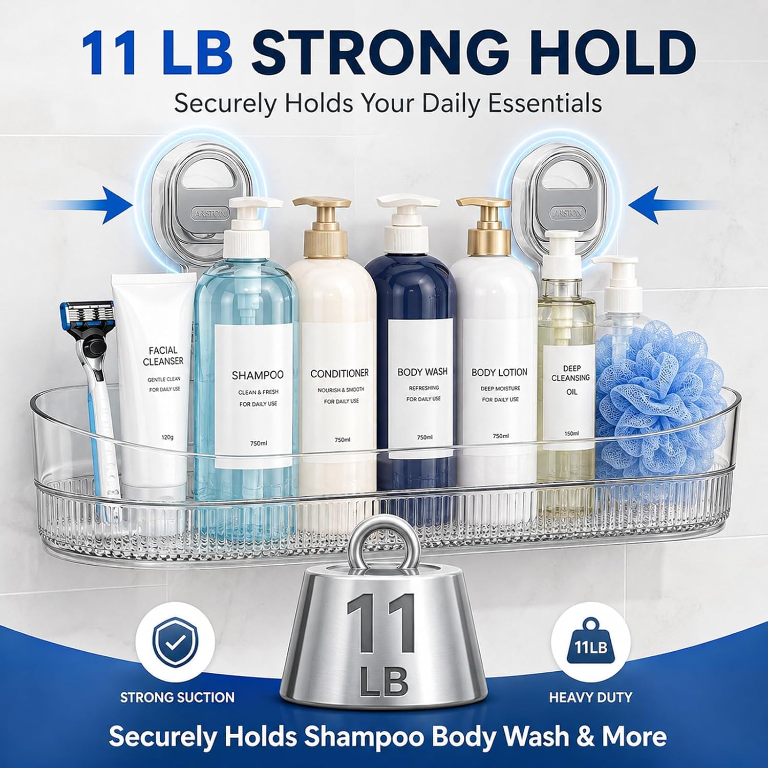 Novabright 2 Pack Suction Cup Shower Caddy, No Drill Bathroom Shelf Organizer, Wall Mounted Storage Basket for Shampoo, Conditioner, Body Wash, Razor and Bath Supplies