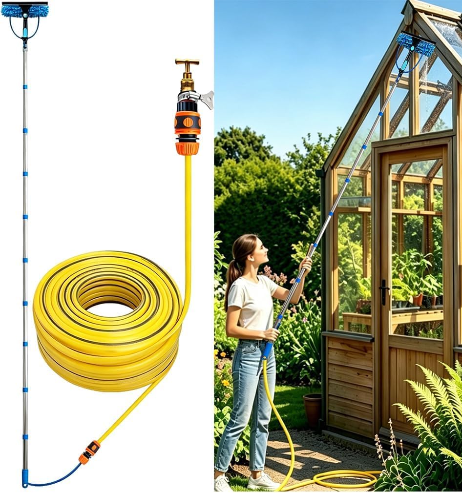 window cleaning pole extendable window cleaning equipment window cleaning pole window cleaning kit telescopic window cleaner (Rod length 4.5m, Water pipe length 20m)