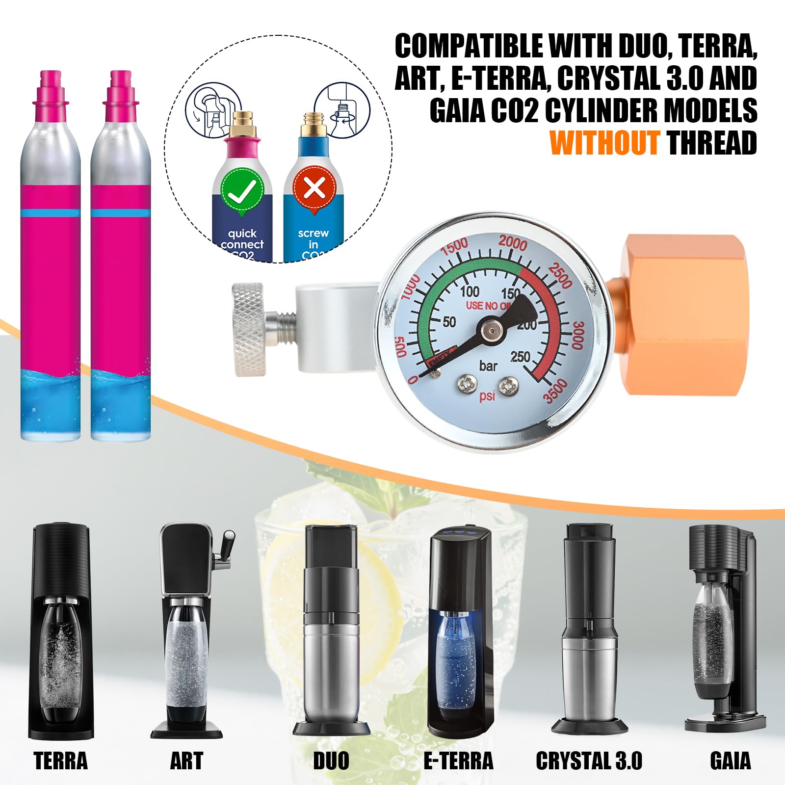 Adattatore CO2 ricambi Quick Connect per cilindri W21.8-14, CO2 bombole di gas Refill adattatore con manometro da 3500psi, compatibile con Duo, Art, Terra, Crystal 3.0, Gaia