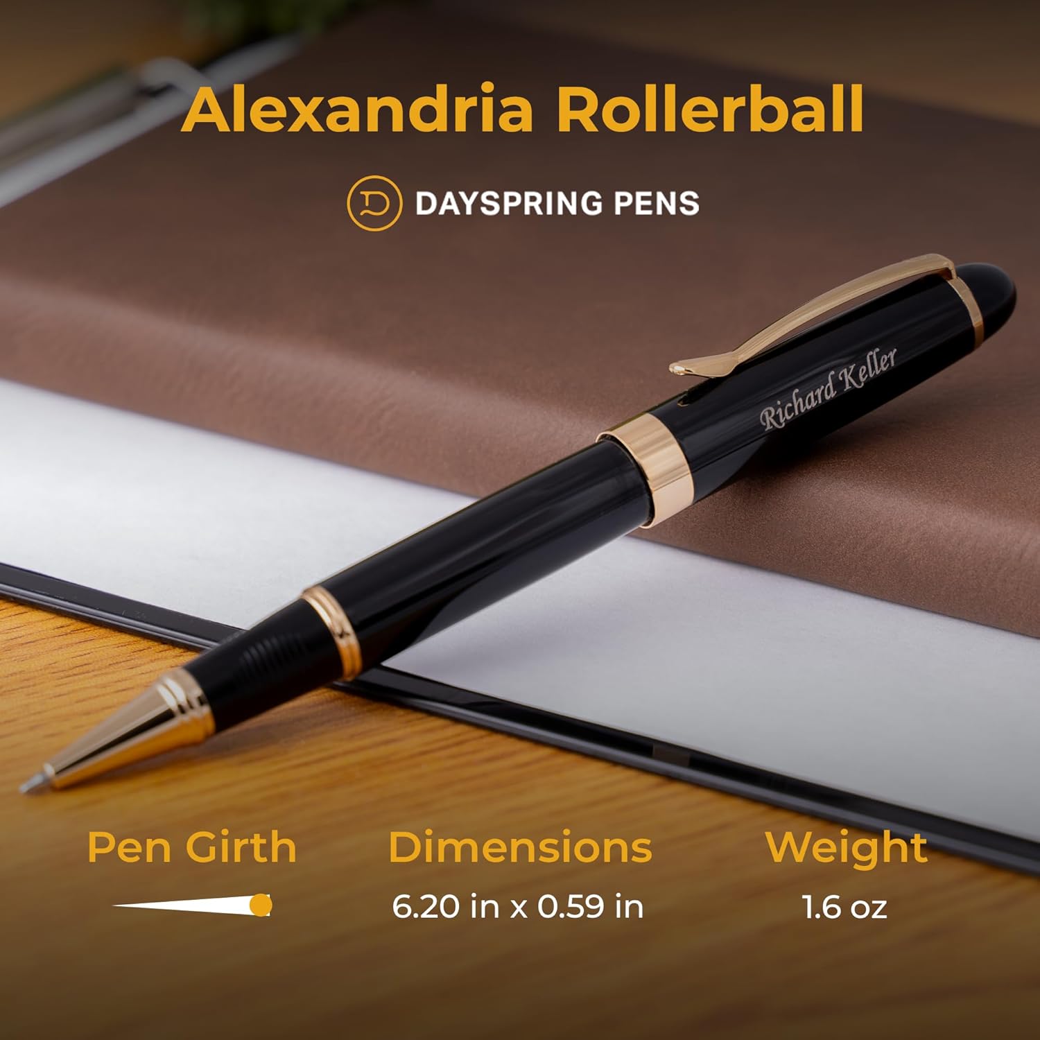Dayspring Pens Engraved Alexandria Rollerball Pen with Gift Box, Black Finish, and Gold Trim. Engraved With a Name or Personal Message. Smooth Black 0.7mm Rollerball Ink.