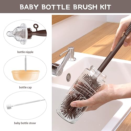Miniatura 3 de Wqzlyg Juego de cepillo de silicona para biberones y cepillo limpiador de pajitas, cepillos largos para botellas de agua de limpieza completa,