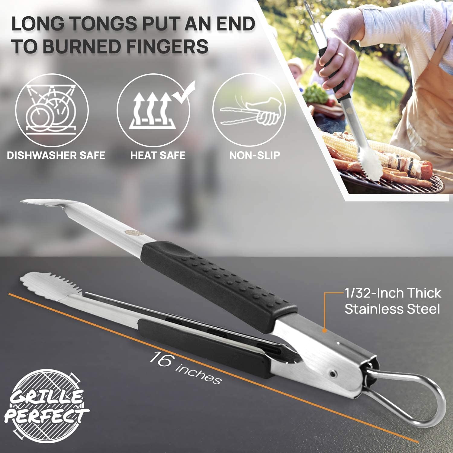 Extra Long Stainless Steel Tongs For Grilling - Heavy Duty Metal BBQ Utensil, Gas & Charcoal Barbecue Cooking, Chef Kitchen Food Serving Grill Tools (XL 16 Inch) Silicone Handle Meat Grabbing & Frying : Patio, Lawn & Garden