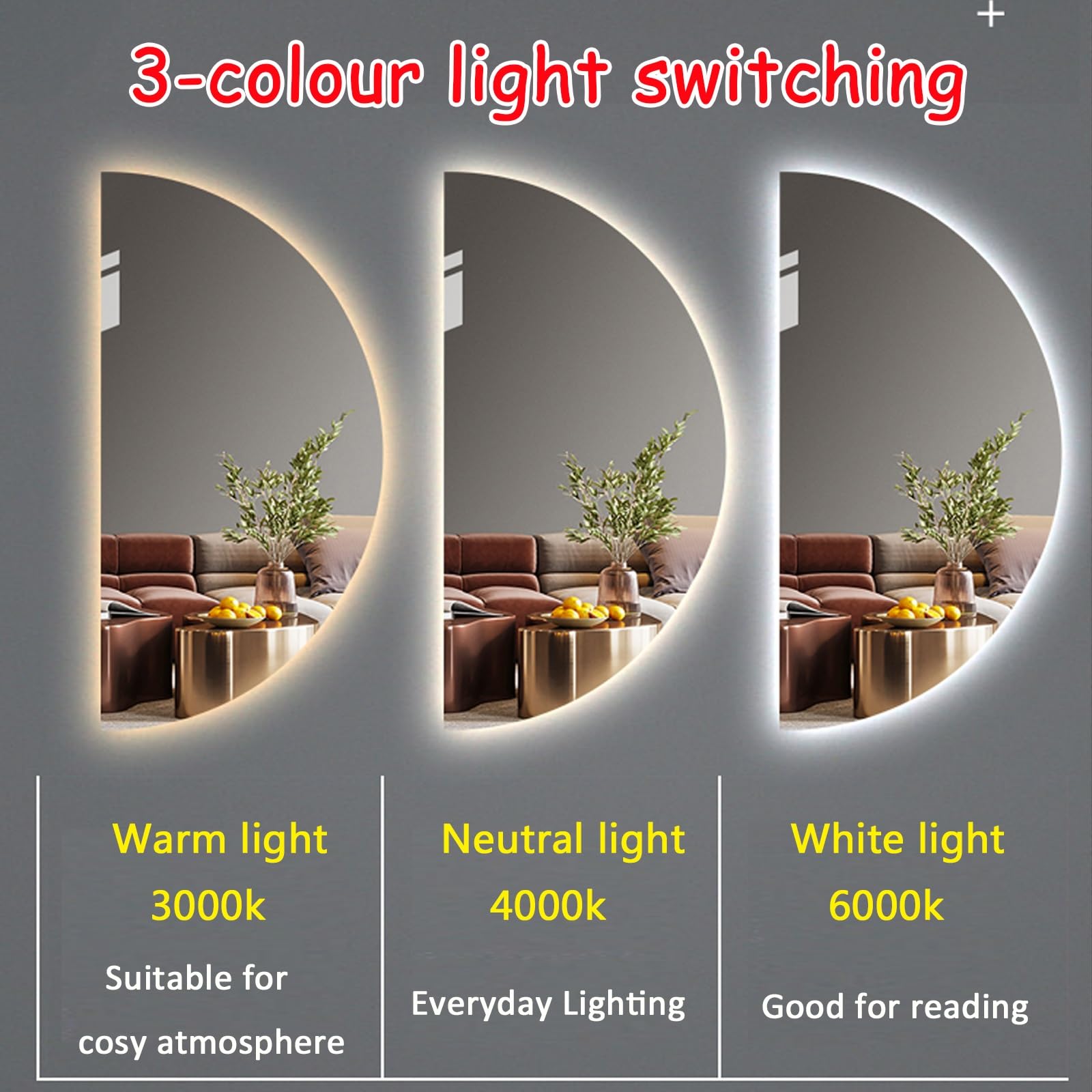 Ściemnialne lustro łazienkowe LED ze sterowaniem dotykowym - Asymmetl Semi-Cular lusterko do makijażu 40 x 80 cm do domu, sypialni, hotelu - nowoczesne oświetlenie Solut