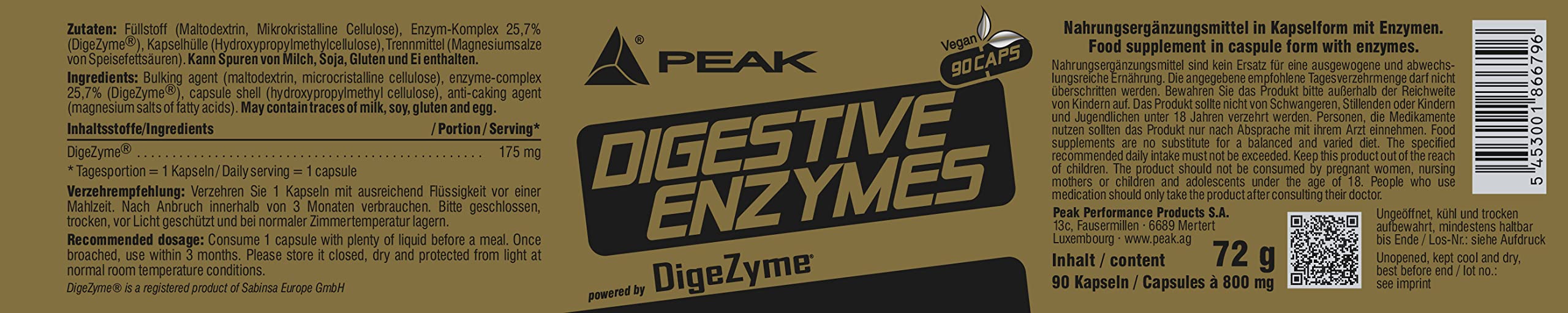 PEAK Digestive Enzymes - 90 Kapseln I Verdauungsenzyme I Verdauungsunterstützung I DIGEZYME ® I Enzyme I vegan I glutenfrei