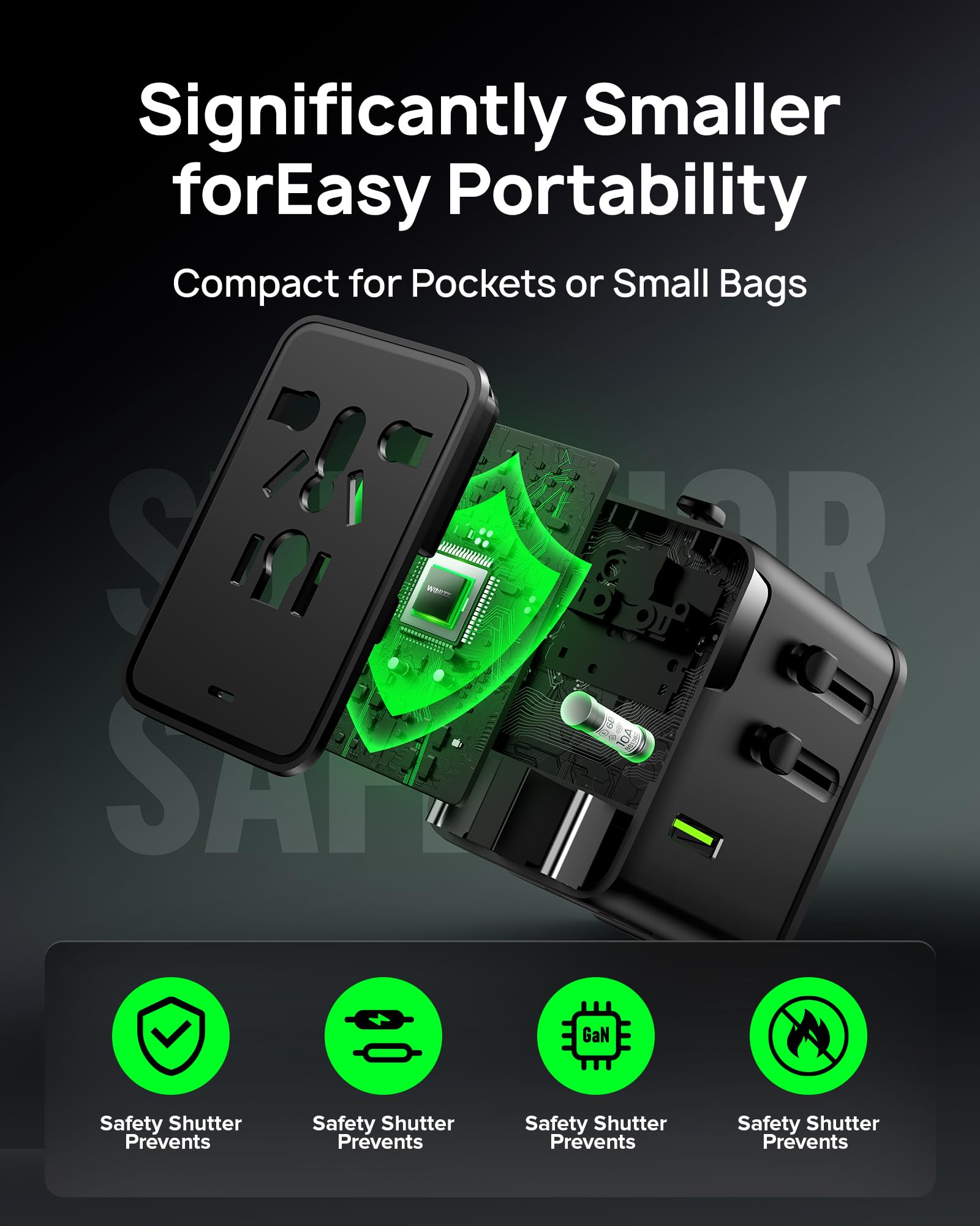 Adattatore da viaggio 75W, adattatore universale europeo GaN a ricarica rapida con 5 porte (1 AC, 1 USB-A e 3 USB-C), spina adattatore con chip intelligente per oltre 200 paesi, caricabatterie PD & QC